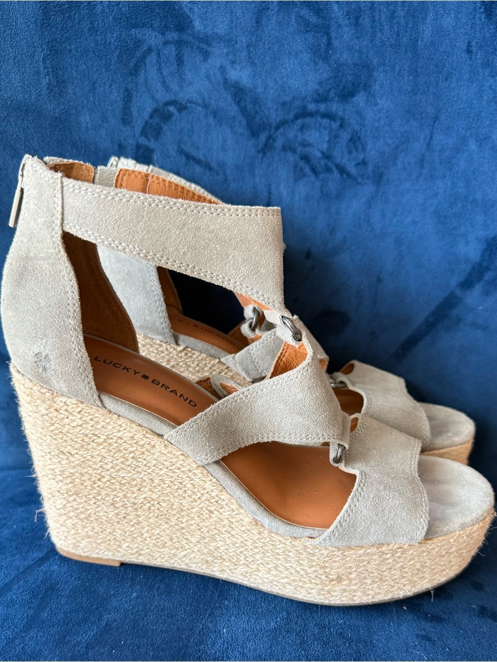 Lucky Brand Light Beige Suede Espadrille Wedge Sandals